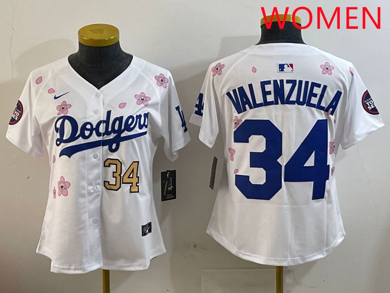 Women Los Angeles Dodgers 34 Valenzuela White Sakura Edition 2025 Nike MLB Jersey style 6
